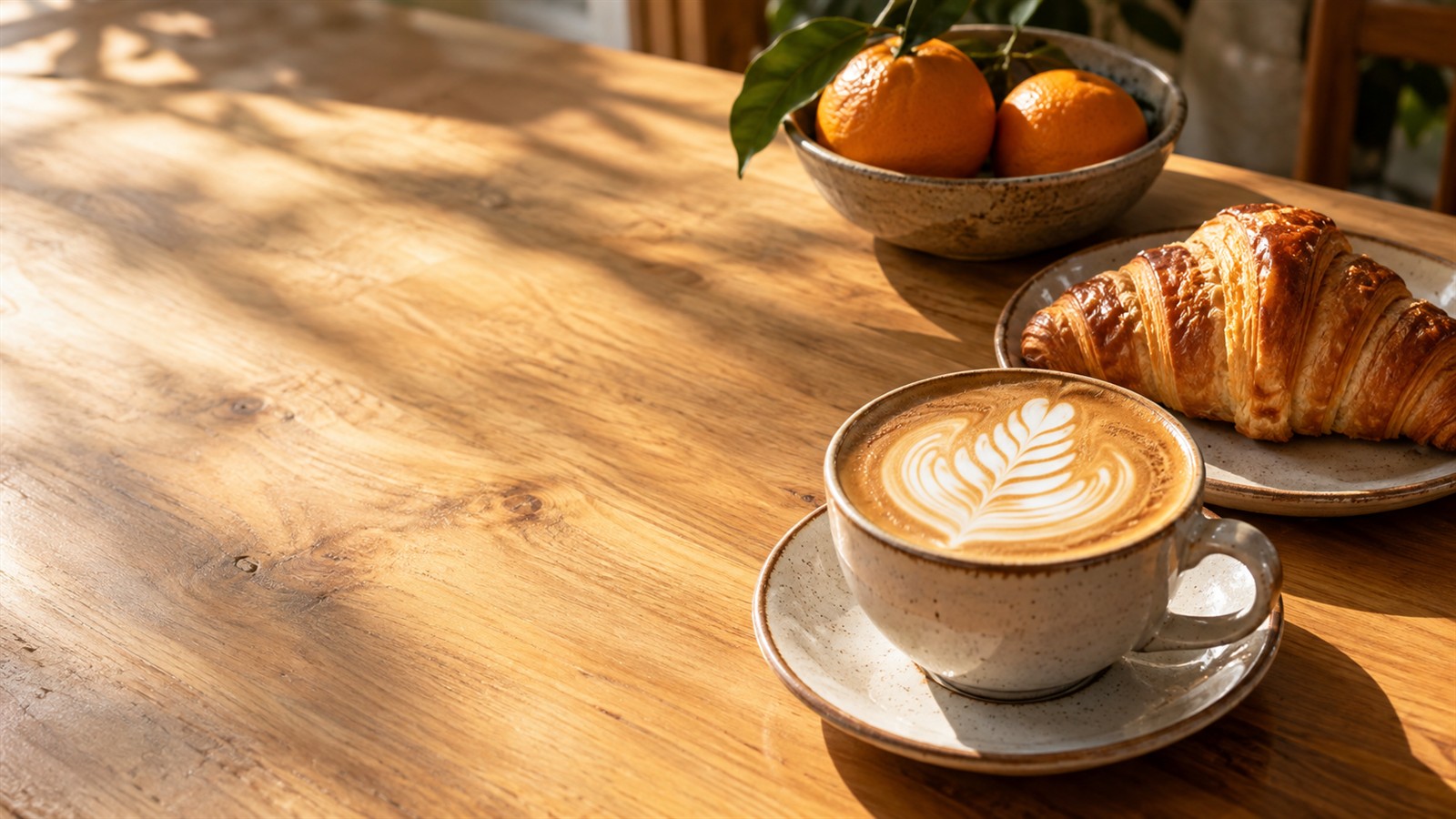 A latte and croissant on a sunlit timber café table