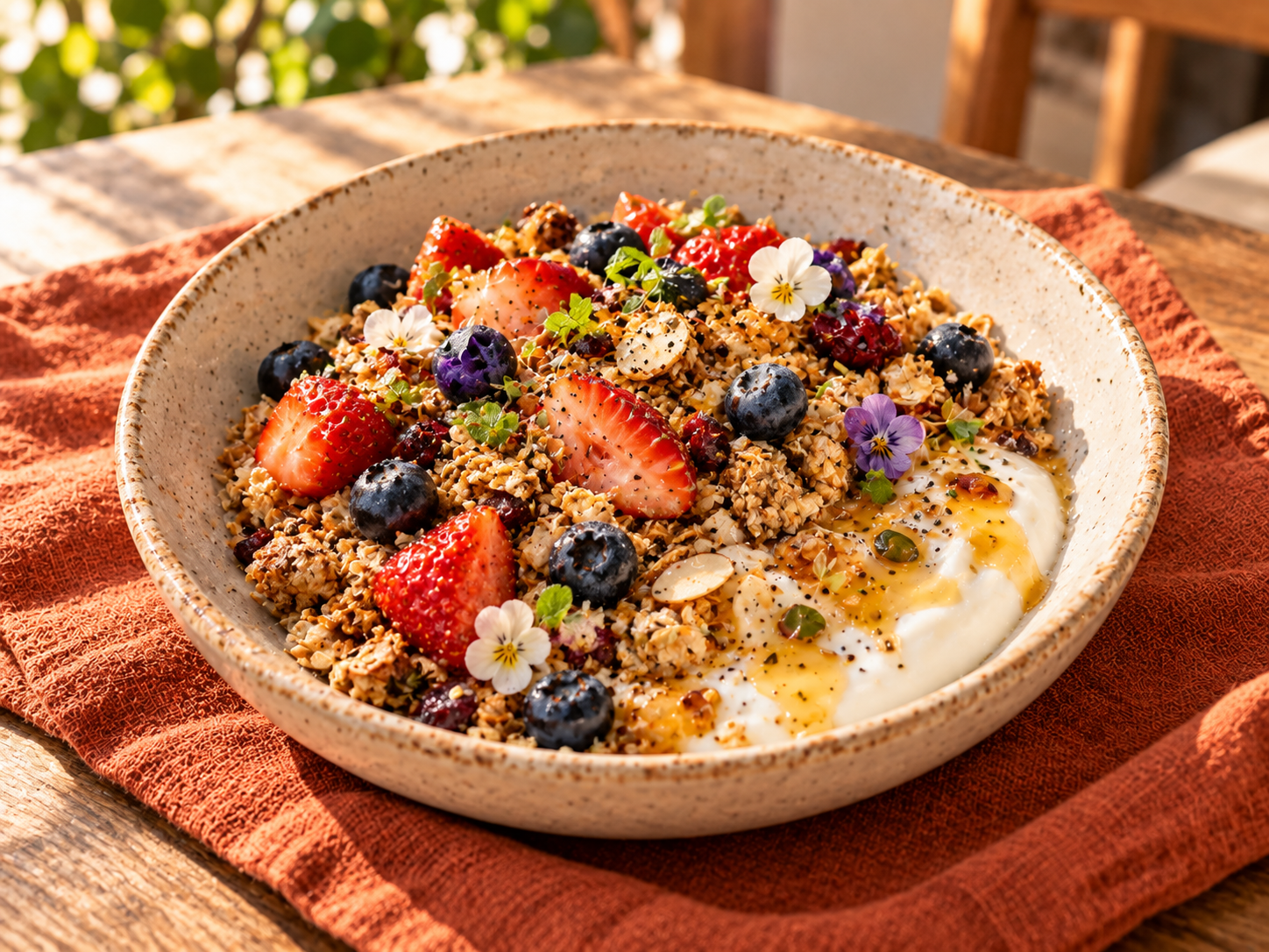 Seasonal granola with berries, yogurt and honey in a ceramic bowl