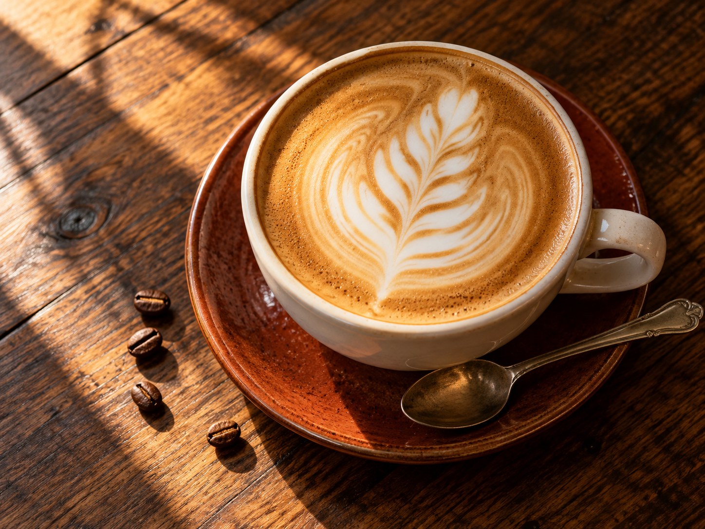 A flat white with leaf latte art on a timber café table