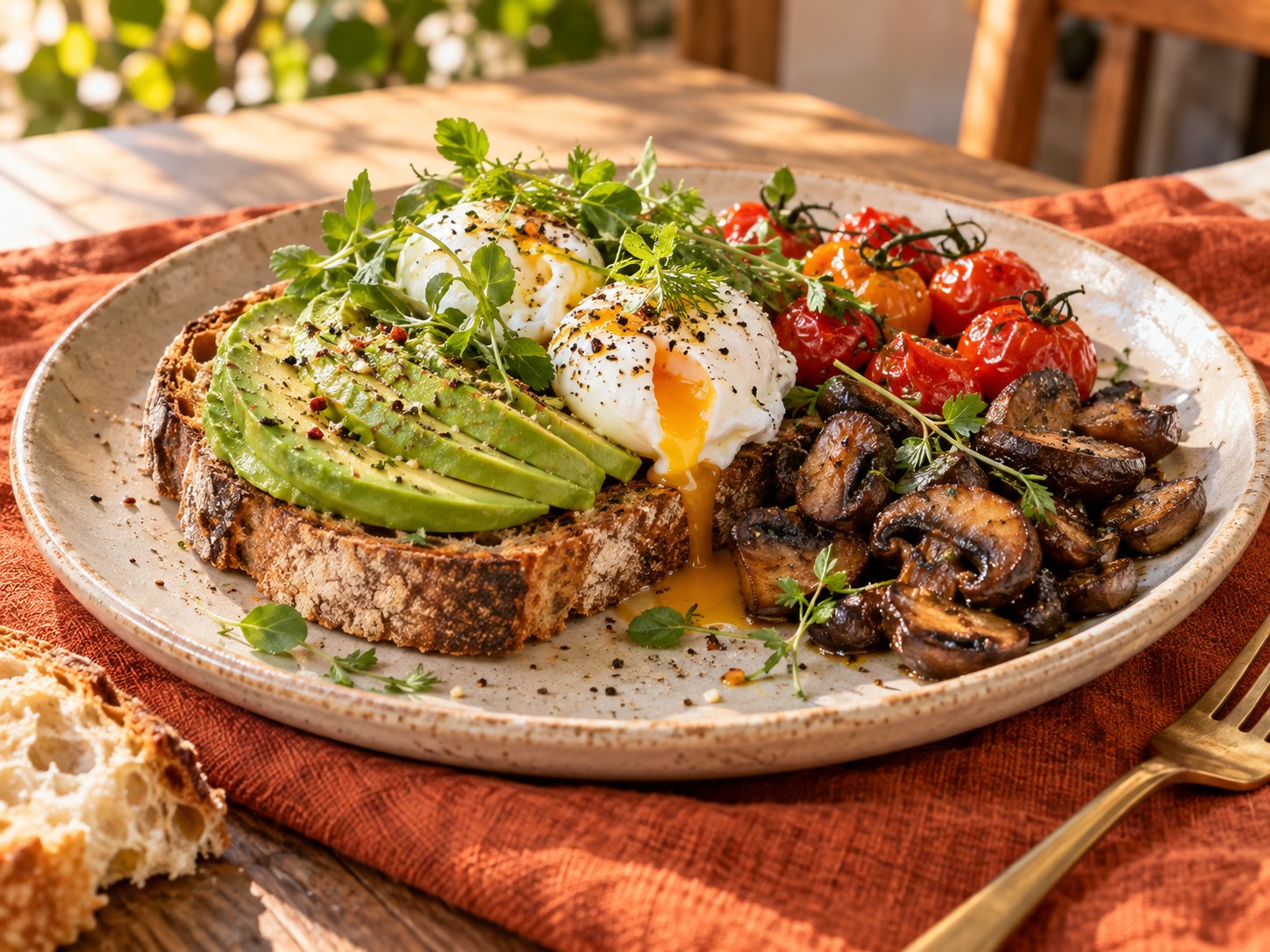 Avocado toast topped with poached eggs and herbs
