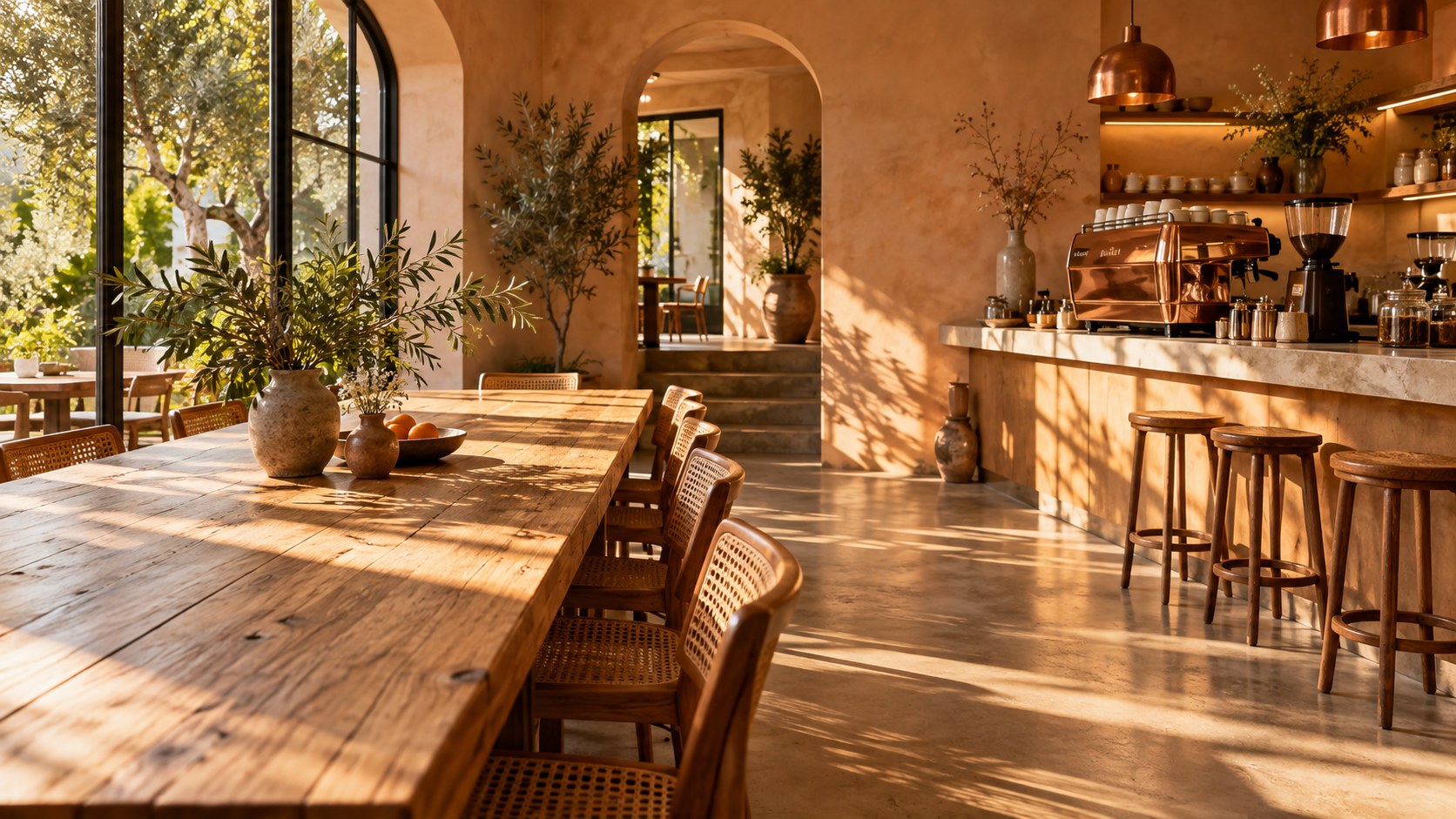 Sunlight crossing a timber table in a warm neighborhood café