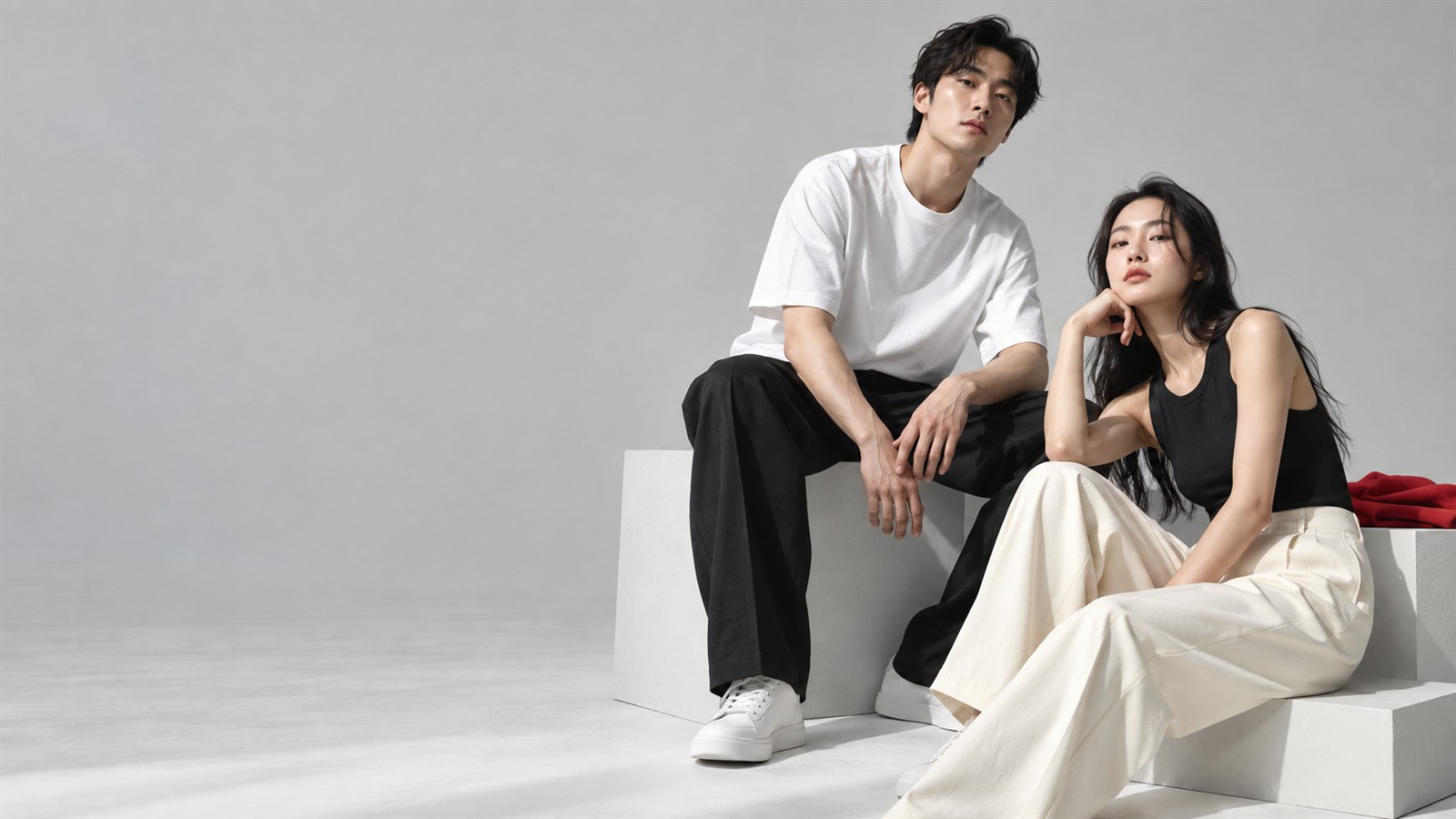 Two adult models wearing relaxed black and ivory looks together in a quiet studio