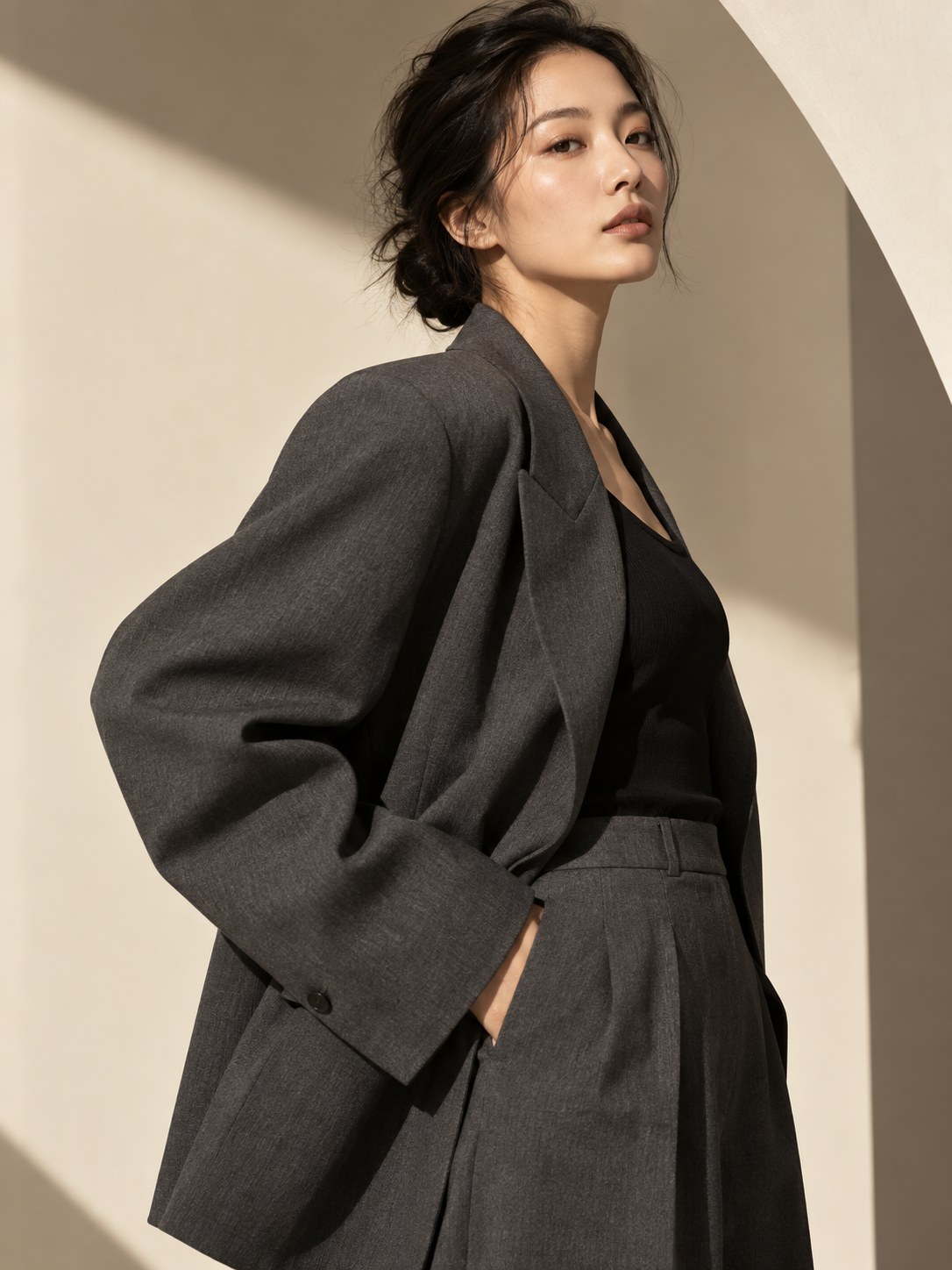 Adult female model wearing a graphite tailored jacket