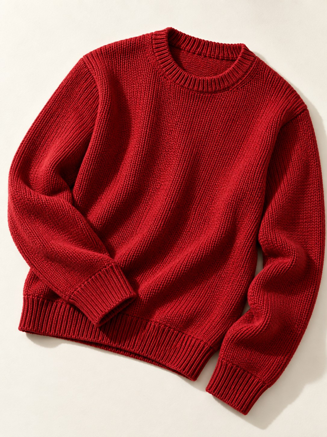 Adult model in an original vermilion red knit sweater