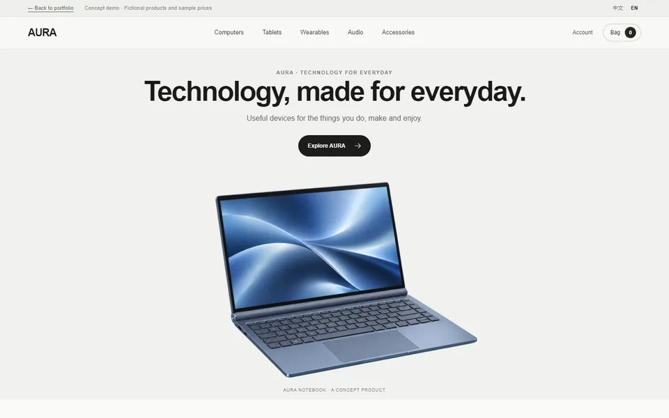 AURA technology and lifestyle store concept website