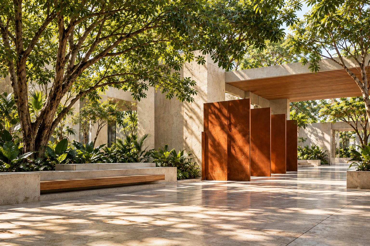 Warm, quiet architectural courtyard used for the Civic Signals concept study